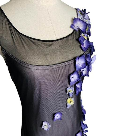 Tadashi for Cache Maxi Dress 90's Y2K Vtg Mesh Applique 3D Pansies Column Whims - Picture 8 of 17